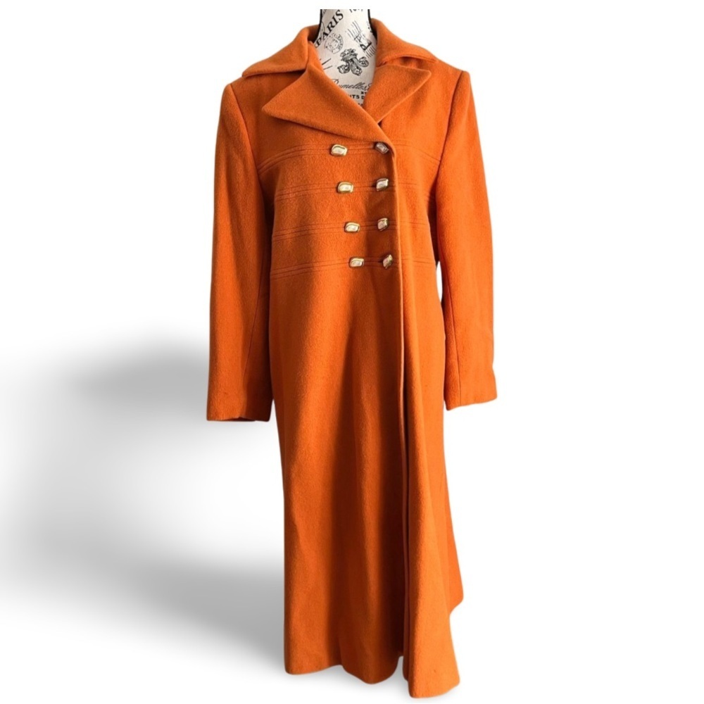 🇨🇦 Vintage 70s Mod Vibrant Orange Wool Coat Maxi Lenght Military Double breasted